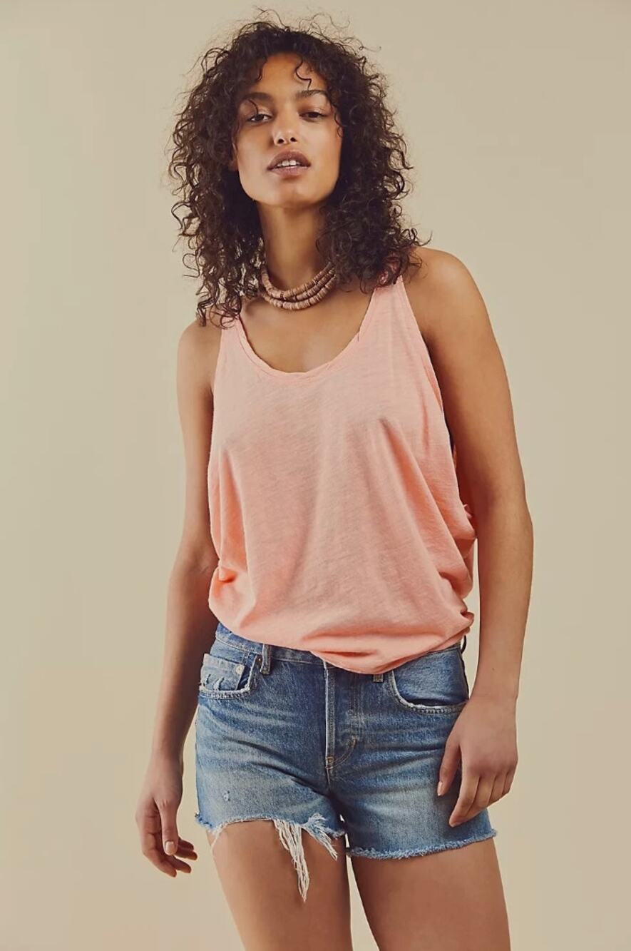 Free People PEARL Drapey Relaxed Fit Scoop Neck Heathered Coral Tank Top M NWOT